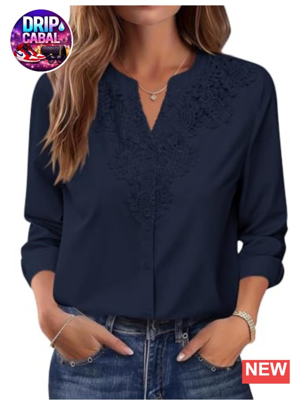 Lace Trim V Neck Button Down Blouse Long Sleeve Dressy Women's Top
